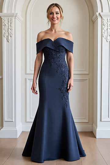 Navy Off the Shoulder Mermaid Mother of the Bride Dress with Appliques